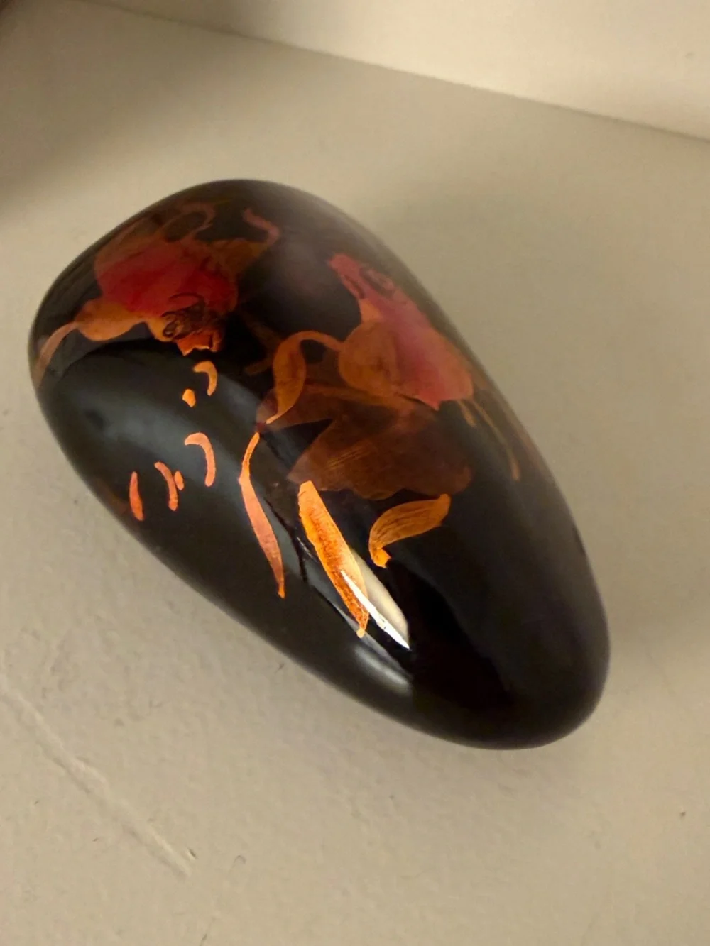 Paperweight Orange Koi on Black Laquered Stone Vietnam Hand Painted Vintage